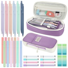 Teling 37 Pcs Aesthetic Back to School Supplies with Cute Pen Case, 12 Pastel Highlighters, 12 0. 5 Mm/ 0. 7 mm Mechanical Pencil 8 Tubes Pencil Refills, 4 Erasers for Writing Drawing(Purple)