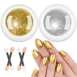 BISHENGYF 2 Jars Chrome Nail Powder：Mirror Effect Gold Chrome Nail Powder,Metallic Mirror Silver Chrome Powders Decoration for DIY Nail Art,Pigment Holo Chrome Powder with 4 Eyeshadow Sticks