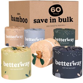 Betterway Betterway Bamboo Toilet Paper 3 Ply - Sustainable Toilet Tissue - 60 Longer Lasting Rolls - 360 Sheets Per Roll - Septic Safe - Organic, Plastic Free - FSC Certified