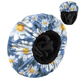 Zewurtuw Luxury Shower Cap Terry Cloth Lined EVA Waterproof Reusable Triple Layer Elastic Hair Bath Caps for Women Girls Cute-Chrysanthemum