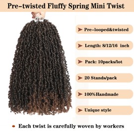 10 Packs Yanky Twist Crochet Hair 16 Inch Pre-twisted Natural Black Kinky Mini Spring Twist Small Curly Senegalese Twist Braids Yankee Twist (T30(Ombre Medium Dark Brown), 16 Inch (Pack of 10))
