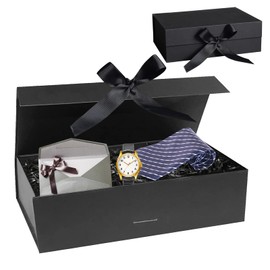Gift Box, Gift Box with Lid, 21 x 17 x 7 cm, Gift Boxes with Bow, Gift Wrapping, Magnetic Folding Box for Birthday, Wedding, Valentine's Day, Christmas, Anniversary Party (Black)