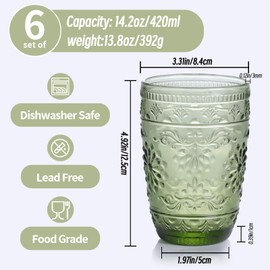 abrwyy 6Pcs 14OZ Drinking Glasses, Green Drinking Glasses, Colored Glassware Drinking, Highball Beverage Glasses Cup, Vintage Glassware Set for Water, Juice, Cocktail, Coffee