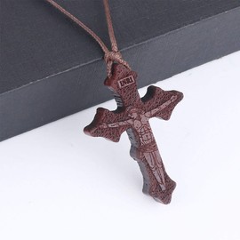 COTTVOTT Wood Orthodox Cross Pendant Necklace Christian Crucifix Necklace Prayer Jesus for Women Men (E-Red Color)