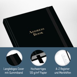 paper&you® Address Book A6+ with A-Z Index "Black Edition" Book for Contacts, Birthdays & Passwords - Sustainable & Climate Friendly