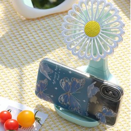 YZYOE Mini Charging Fan with LED Light, Cute Green Chrysanthemum Shaped Small Fan, 3-mode Multifunctional with Storage Box and Stand.