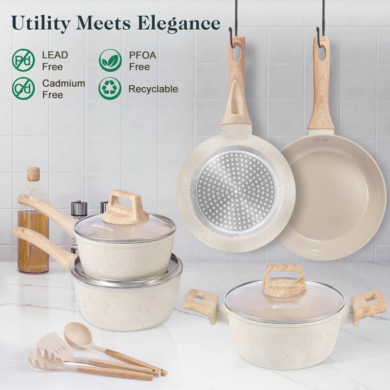 M MELENTA Pots and Pans Set Non Stick, 11pcs Ceramic