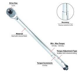 Performance Tool M200DB 1/2-Inch Drive Click Torque Wrench (10 to 150 ft/lbs)...