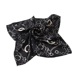 Elegant Silk Feel Plaid with Chains Design Satin Square Scarf, Black Chains