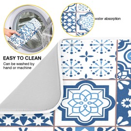 Blueangle Microfiber Dish Drying Mat, Blue Vintage Tiles Drying Mat for Kitchen counter,16" x 18", Easy Clean Drainboard Mat, Non-Slip Dish Drainer Pad for Kitchen Counter