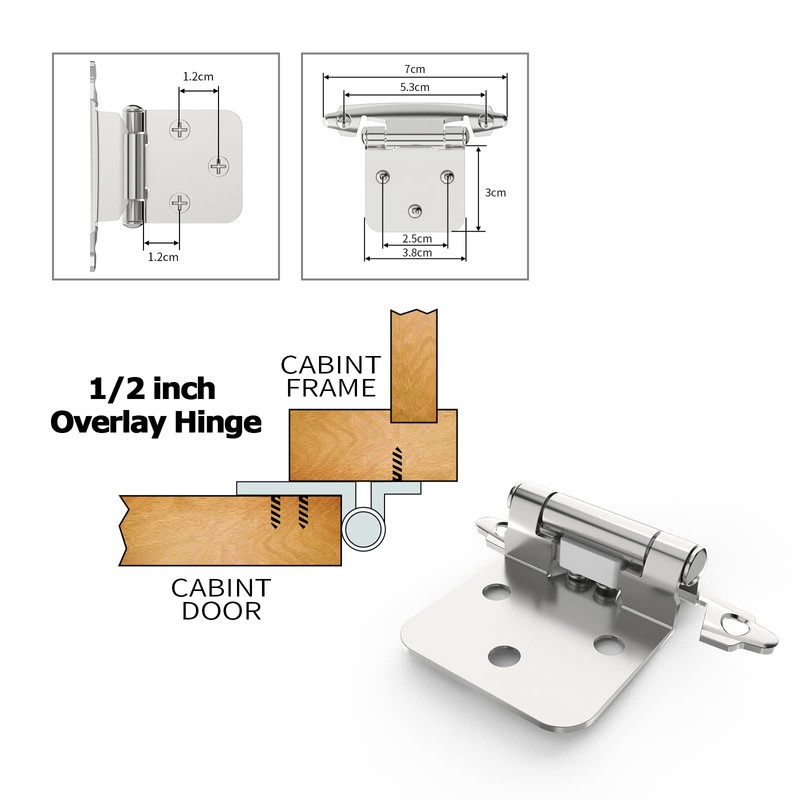 Chibery 10 Pack 1/2" Overlay Cabinet Hinges, Semi-Concealed Hinge, Cabinet