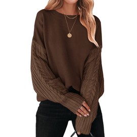 ZESICA Women's 2025 Fall Long Sleeve Crew Neck Solid Color Cable Knit Chunky Casual Oversized Pullover Sweater Tops Coffee Medium