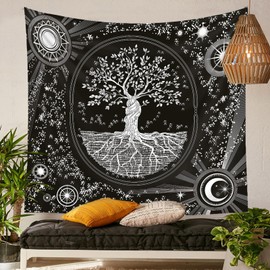 CCAIPU Psychedelic Tapestry, Sun and Moon Flower Phase Boho Wall Hanging - Cosmic Decoration for Bedroom Decor Dorm Room or Meditation Space 150x130cm (Black)