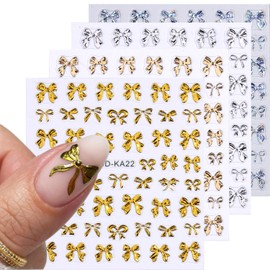 FSpronail 5D Embossed Bow Stickers for Nails, 4PCS Metalic Gold Silver Bow Charms Sticker Self-Adhesive Shiny Holographic Nail Decals Cute Bowties Bowknot Y2K Design Pegatinas para Uñas