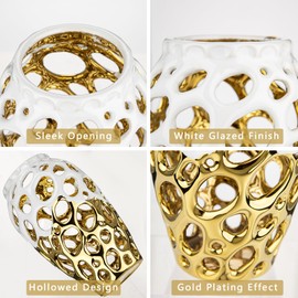 Oairse White and Gold Vases for Centerpieces, Openwork Ceramic Flower Vase 8.7" Hollowed Decorative Pampas Grass Vase Gold Table Decor for Home Living Room Dinner Room Bedroom Office Wedding