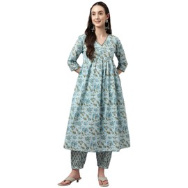 FIORRA Kurta acampanada de algodón puro con pantalón para mujer, Azul/claro, M