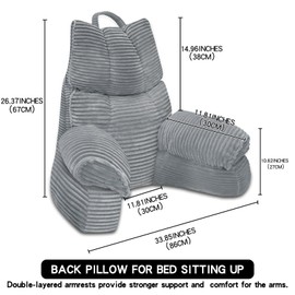 RRPAHWTV Reading Pillow for Bed with High Arm Rests,Back Support Pillow for Sitting Up in Bed with Shredded Memory Foam for Reading, TV, Gaming or Relaxing on Floor（Smoke Gray, Large）