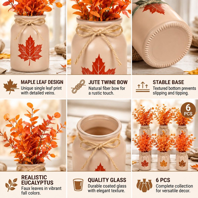 6 Set Fall Mini Mason Jar Centerpieces, Rustic Glass Vases