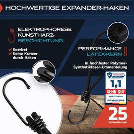 TRIBURG Expander with Hooks [Pack of 25 / 15 cm] | High Performance Elastic Straps with Hooks | Universal Rubber Tensioner with Hooks for Outdoor, Household or Load Securing | Tarpaulin Tensioner with