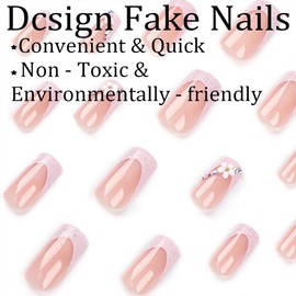 WAFOLOZE Long Press on Nails Glitter French Tip Long Fake Nails Coffin Press on Nails Square False Nails with Flower Charm Design Acrylic Nails Press on Artificial Nails Stick on Nails For Women-24Pcs