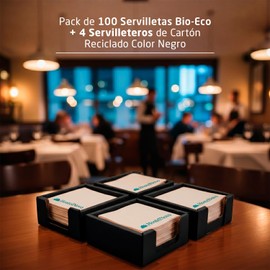 Confezione da 100 tovaglioli di carta 100% riciclabili e biodegradabili + 4 portatovaglioli in cartone riciclato, colore nero, ideali per cocktail, 10 x 10 cm, piegati Hostelnovo