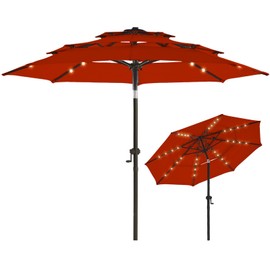 wikiwiki 10FT 3Tiers Solar Led Patio Umbrella, Sturdy Outdoor Market Umbrella for Deck, Pool, Garden w/Tilt, Crank, 32 LED Lights, Red