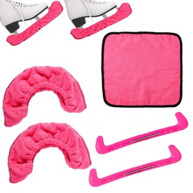 NQEUEPN Ice Skate Guards & Soakers & Towel Kit, Soft Skate Blade Covers and Hard Skate Guards Protectors Hockey Figure Skates Accessories for Men Women (Pink)