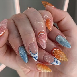 BQZQPAMZ 24pcs Orange Medium Almond False Nails Blue White French Tip Press on Nails Light Blue Flower Stick on Nails Full Coverage Acrylic Nails for Women Summer Manicure