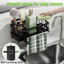 OWill Kitchen Sink Caddy - Self-Draining Sponge Holder with Dishcloth Rack, 360° Rotatable Drainage, Stainless Steel kitchen Sink Organiser for Countertop or Wall Mount (9cm x 24.5cm x 13cm)