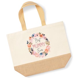 Lovely Mothers Day Shopper Bag - Best Mummy Ever Flower Wreath - Jute Canvas X-Large Tote Bag - Mothers Day Mum Mom Mummy XL natural