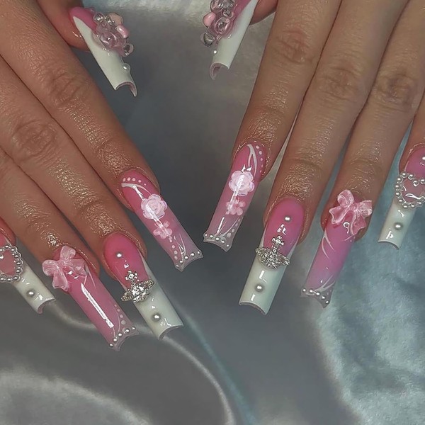 RIICFDD 24-Piece Ballerina Press-on Nails, Pink Glossy French Nails with