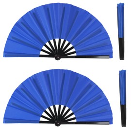 Plzoslly 2 Pack Large Folding Hand Fan for Men/Women, Rave Fan Chinese Kung Fu Tai Chi Hand Fan Black Vintage Foldable Hand Fans for Dancing, Festival, Gift, Home Decorations(Blue)