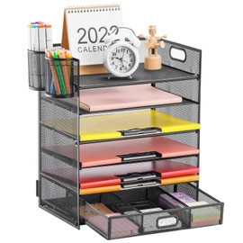Lavatino 6 Tray Paper Organizer Letter Tray with Drawer - Mesh Desk File Organizer, Paper Sorter Organizer for Office, Home or School File Folder Holder - Black