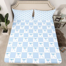 Blue Bowknot Fitted Sheet,Full Size Dreamy Bow Minimalist Grids Plaids Geometric Collections,Princess Style Blue White Bedding Deep Pocket for Children Teens Young with 2 Pillowcases