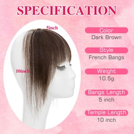 Clip-In Real Hair 100% Remy Hair, French Pony Fringe Extensions, Bangs, Natural Hairpieces, Real Hair for Women, Colour Mocha Brown