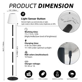GGII Solar Outdoor Floor Lamp USB Rechargeable Cordless Dimmable RGB Warm White LED Lights for Yard Garden Patio Round Base 59 inch Black