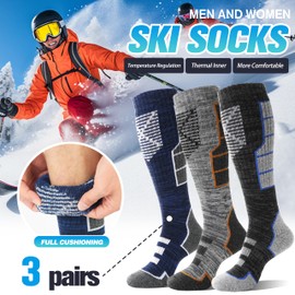 Anlisim Merino Wool Ski Thermal Unisex Socks for Men Women Winter Warm Thick Knee High Long Skiing Snowboarding Socks 3 Pairs Gift Stocking Stuffers(Blue/Orange/Grey,Medium)