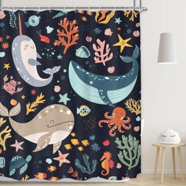 LGhtyro Kids Sea Animal Shower Curtain Bathroom Set 60Wx71H Inches Funny Whale Cute Cartoon Fish Ocean Sealife Coral Starfish Bath Accessories for Boys Nursery Art Home Decor Fabric 12 Pack Hooks