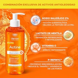 Darrow Actine Gel Limpiador Facial Dermatológico con Vitamina C y acido salicilico, para Piel Grasa y con Tendencia Acneica, Elimina el Brillo del... 