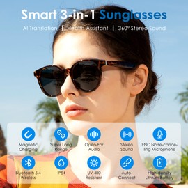 GetD Smart Sunglasses, Round Polarized Lens Bluetooth Glasses for Women and Men with Speaker, Music Glasses AI Translator, 11H Battery Life, Voice Control, Smart Eyewear for Travel Driving Meeting