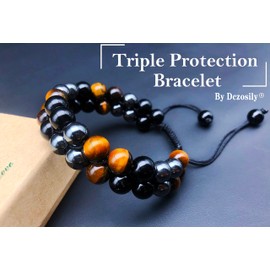 Dczosily Triple Protection Bracelet Natural Tiger's Eye Hematite Agate Stone Bracelet for Men Women Crystal Jewelry Healing Bracelets Bring Luck and Prosperity (8mm, Triple Protection-Double layer)