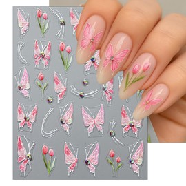 IDDFEVE Rhinestone Studded Butterflies Nail Art Stickers - Crystal Diamond Minimalist Butterflies Wing Self-Adhesive Nail Decals for DIY Pink Spring Floral Summer Manicure (3 Sheets)