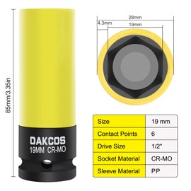 DAKCOS Impact Wrench Nuts 19 mm Power Socket Spanner with Protective Sleeves, CR-MO Protective Nuts 1/2 Inch Drive for Alloy Wheels Wheel Change, Length: 85 mm