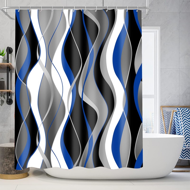 Nkzply 4 Pcs Blue Shower Curtain Black Bathroom Sets with