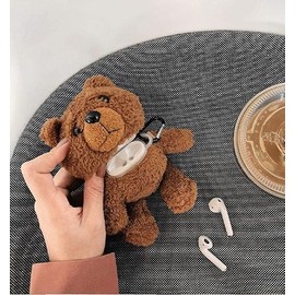 SGVAHY Furry Case for AirPods 4 Funny Cute 3D Cartoon Plush Design Bear Brown Soft Warm Fluffy Cover with Keychain Kawaii Anti-Fall Protective Case Women Girls