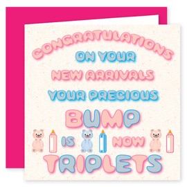 Triplets - Congratulations On Birth Of Your Babies Card - 2 Baby Girls & 1 Baby Boy - Precious Bump Design