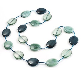 Long Plastic Flat Oval Bead Teal Necklace - 108cm L