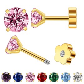 Small Gold Stud Flat Back Earrings for Women Girls,14k Gold Plated Cubic Zirconia Screw Back Tiny Earrings,Hypoallergenic Flatback Dainty Cartilage Earring Jewelry Gifts for Teen Men(Pink Crystal)