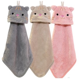 Hand Towel, Loop Towel, with Loop, Animal Pattern, 3-piece Set, Cute, Fashionable Embroidery Design, Made of Coral Fleece, Instant Absorption, Fluffy, Children's Touch, Washstand, Home, Kitchen