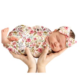 Baby Girl Newborn Receiving Blanket with Headband Set Baby Swaddle Nursery Swaddle Wrap Perfect Shower Gift (Pink Flower)